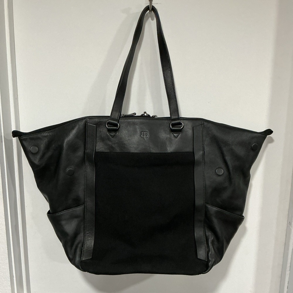 Betabrand Big Travel Tote Bag, Black Leather Canvas, Convertible Backpack, EUC